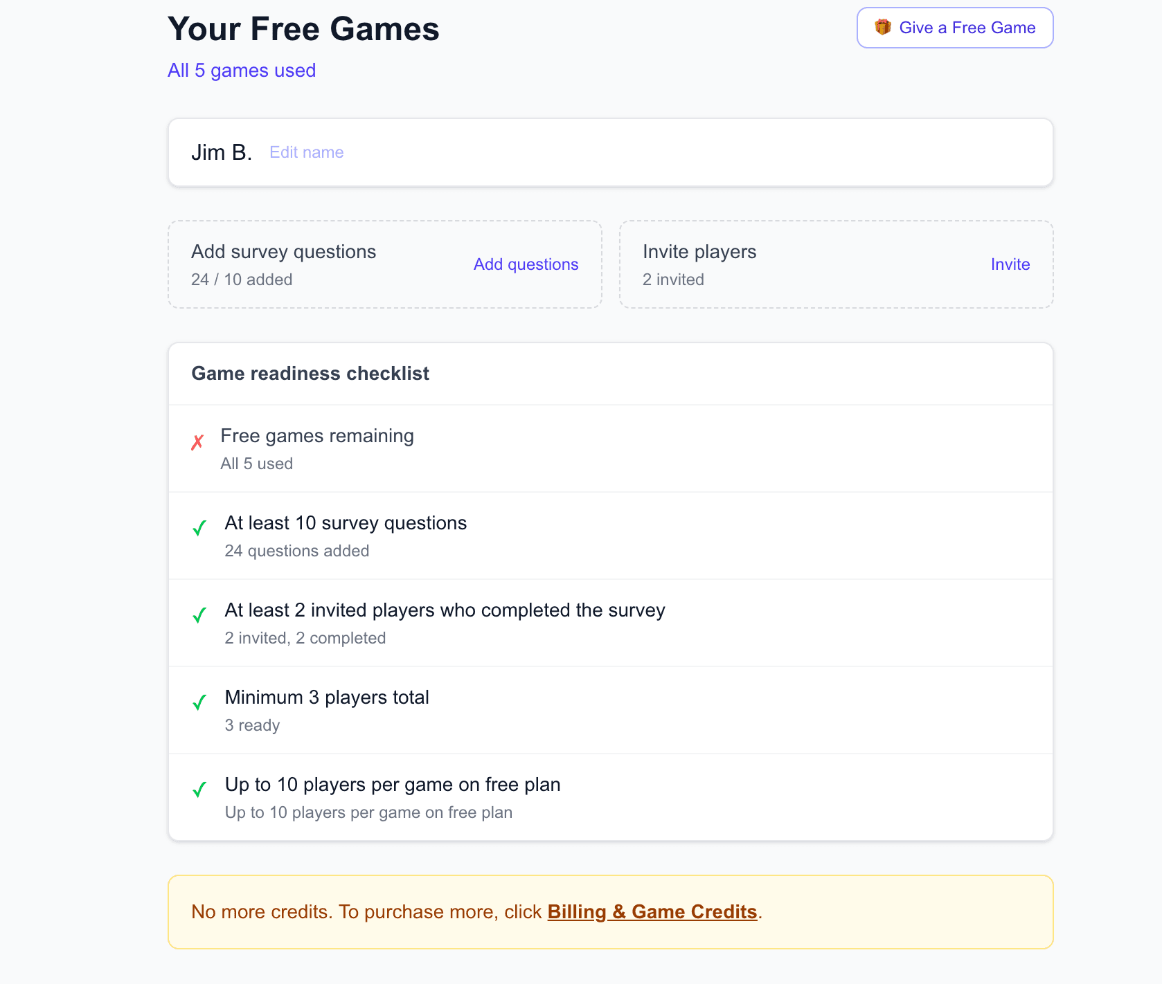 Game setup screen showing player readiness